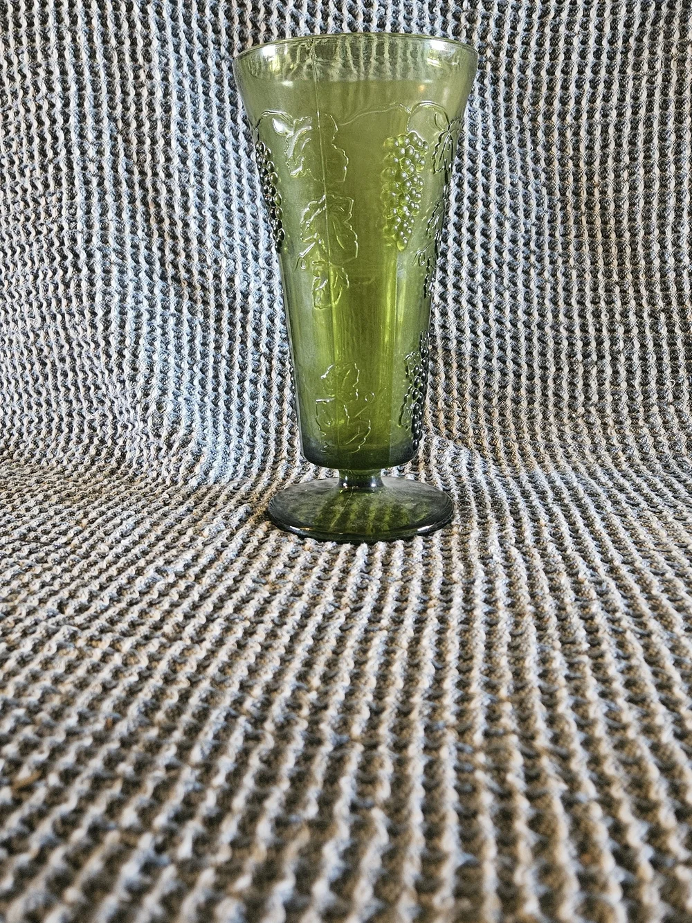 Green Pressed Glass Goblet with Grape Motif